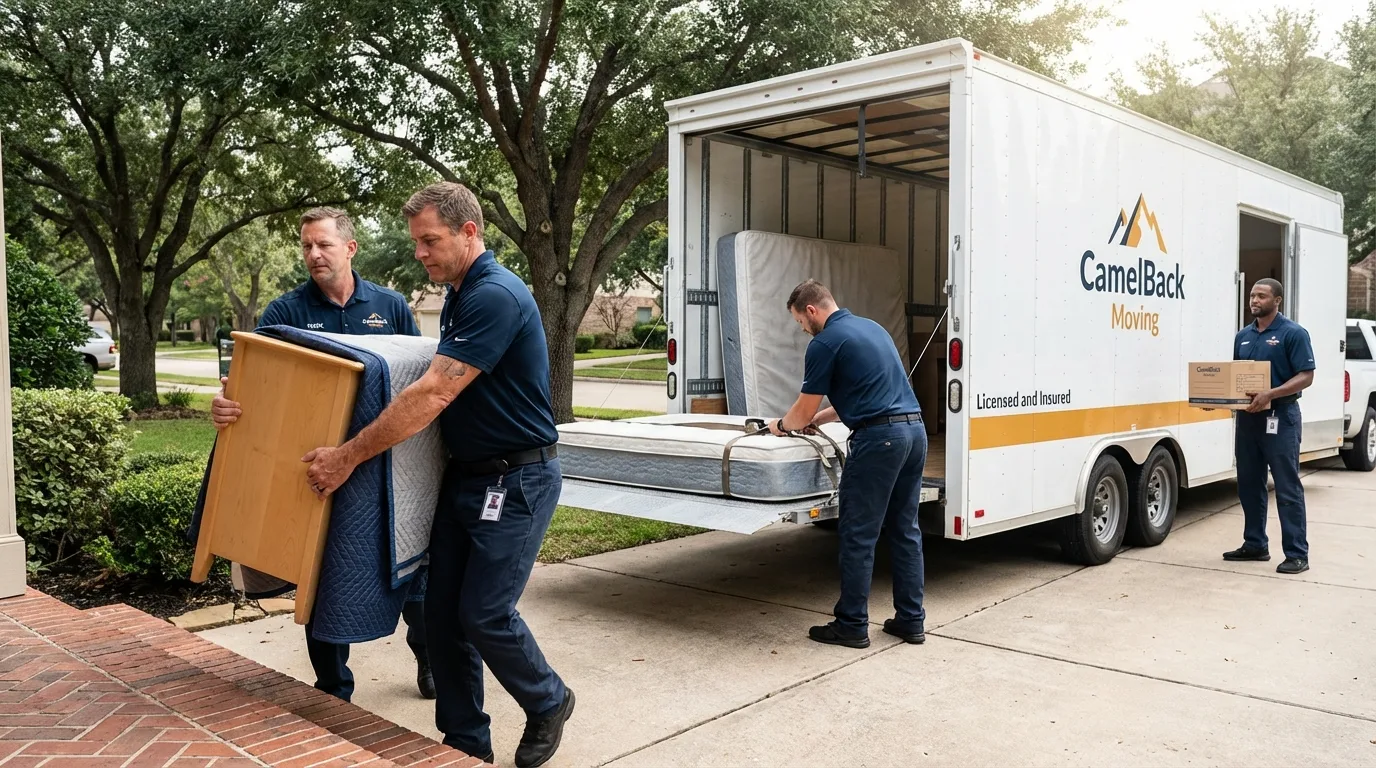 Crew loading residential truck for cross-state move from Schertz, TX