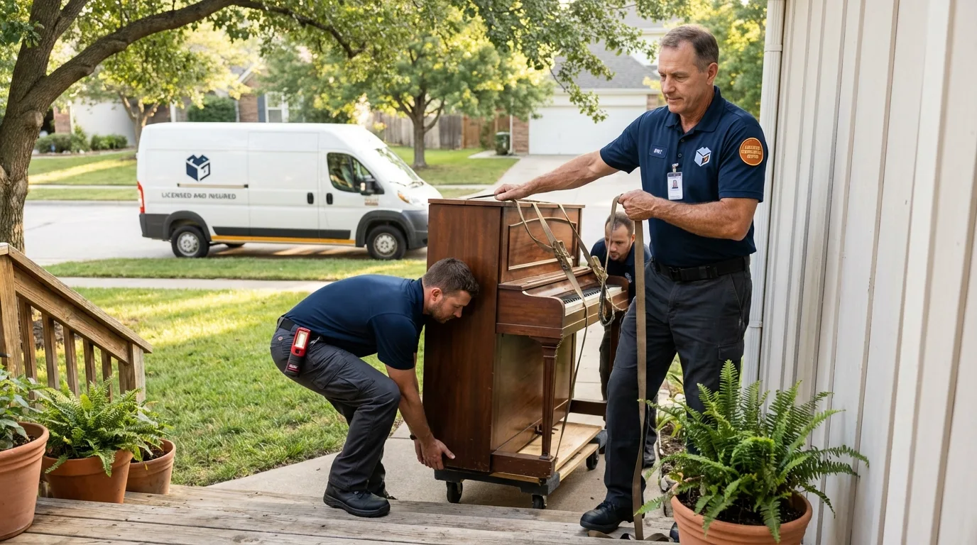 Licensed piano movers securing grand piano in Schertz, TX