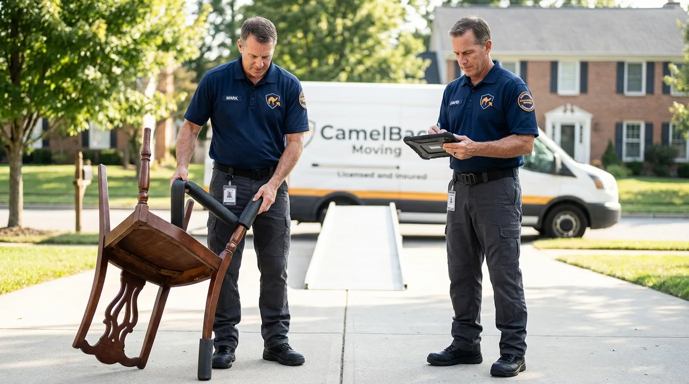 Movers inspecting furniture for damage prevention before loading in Schertz, TX