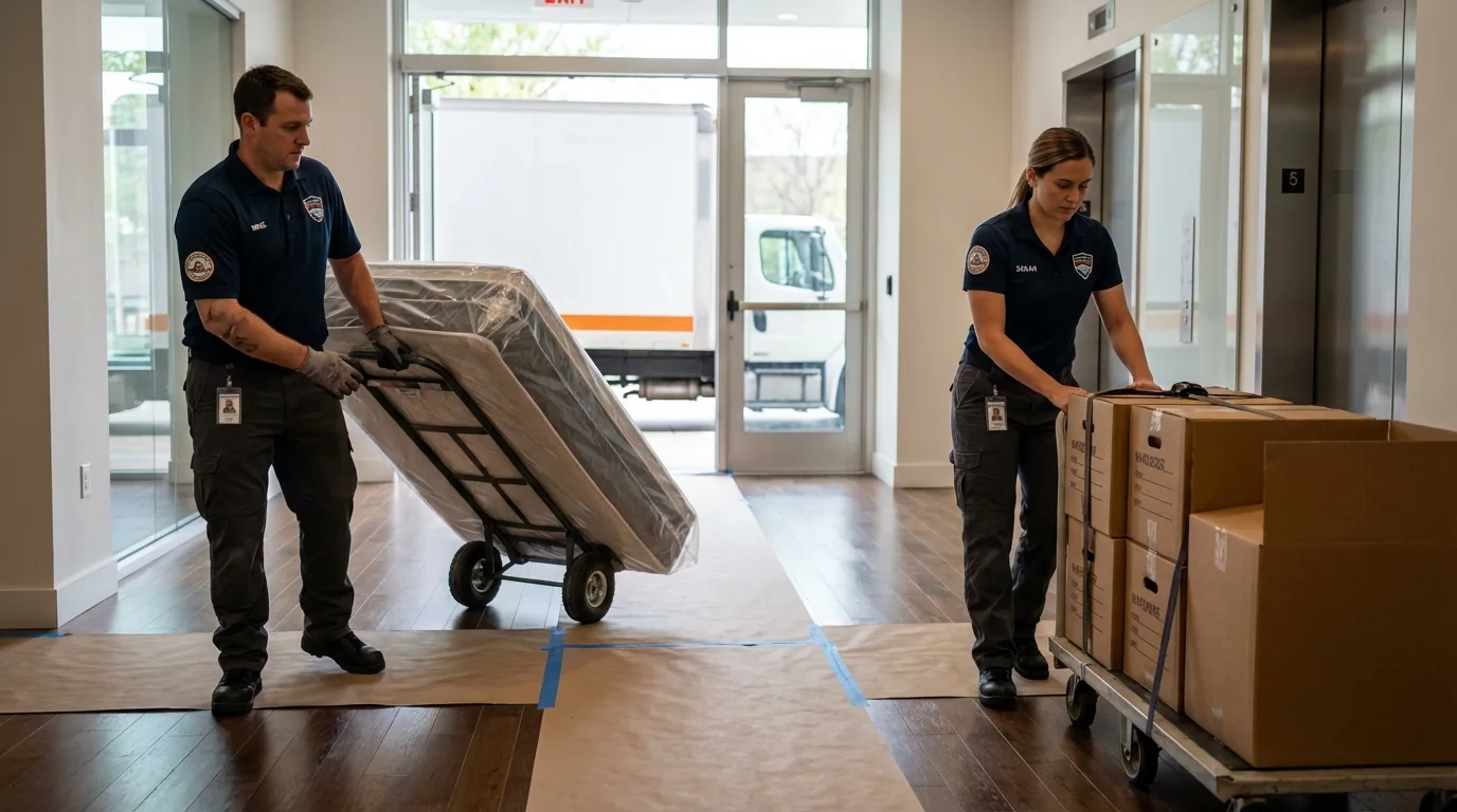 Professional apartment movers loading elevator in Schertz, TX