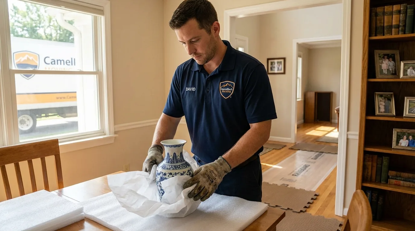 Professional crew carefully wrapping antique vase for senior downsizing move in Schertz, TX