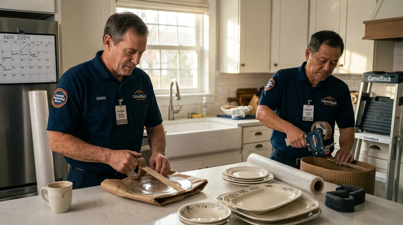 Professional crew packing kitchen dishware in Schertz, TX